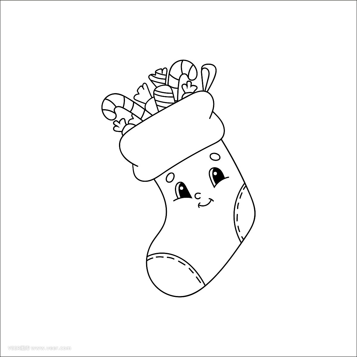 裝有禮物的圣誕襪。兒童涂色書。開朗的性格。矢量插圖。可愛的卡通風格。兒童幻想頁面。黑色的輪廓剪影。孤立在白色背景上。
